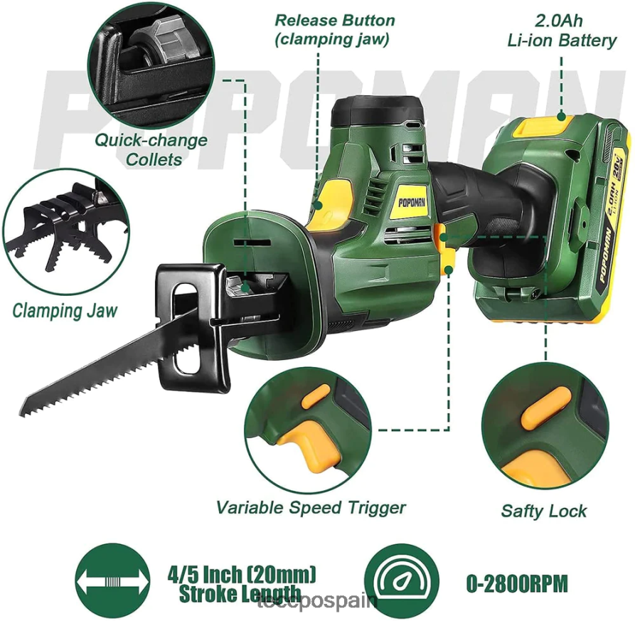 20642D22 TECCPO Sierra alternativa inalámbrica de 20v. carpintería