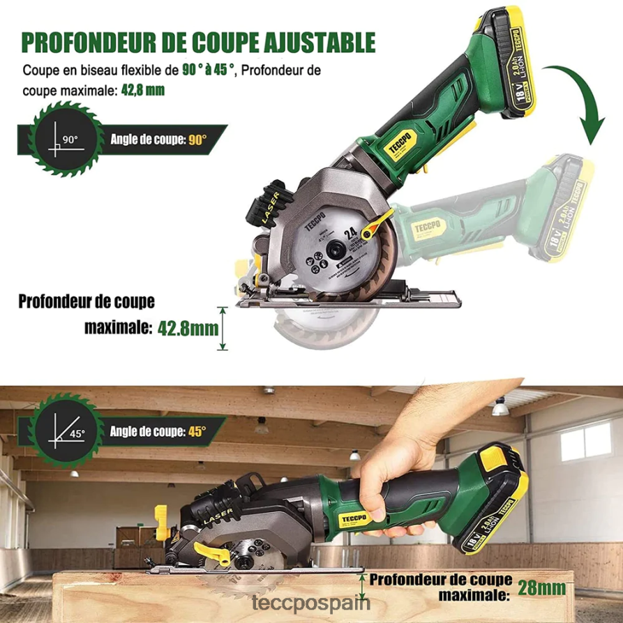 20642D26 TECCPO Mini sierra circular inalámbrica de 18v con guía láser. carpintería