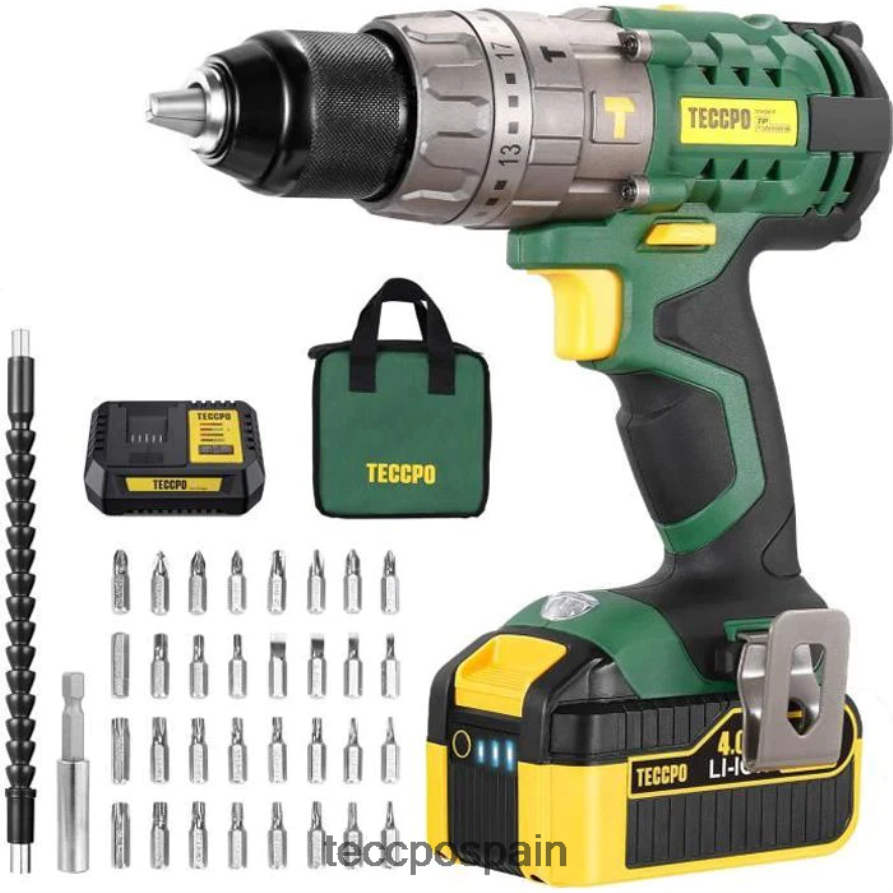 20642D9 TECCPO Taladro atornillador de impacto inalámbrico con batería de 2,0/4,0ah y accesorios de 30/34 Uds. taladros y conductores