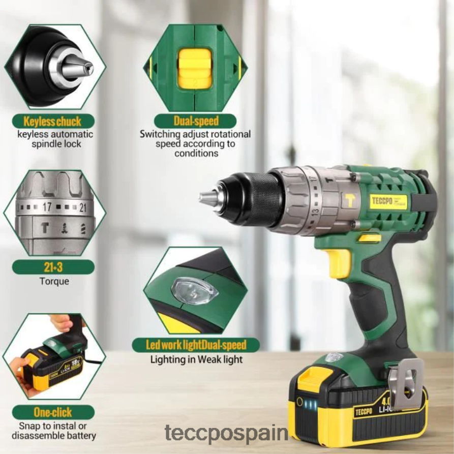 20642D9 TECCPO Taladro atornillador de impacto inalámbrico con batería de 2,0/4,0ah y accesorios de 30/34 Uds. taladros y conductores